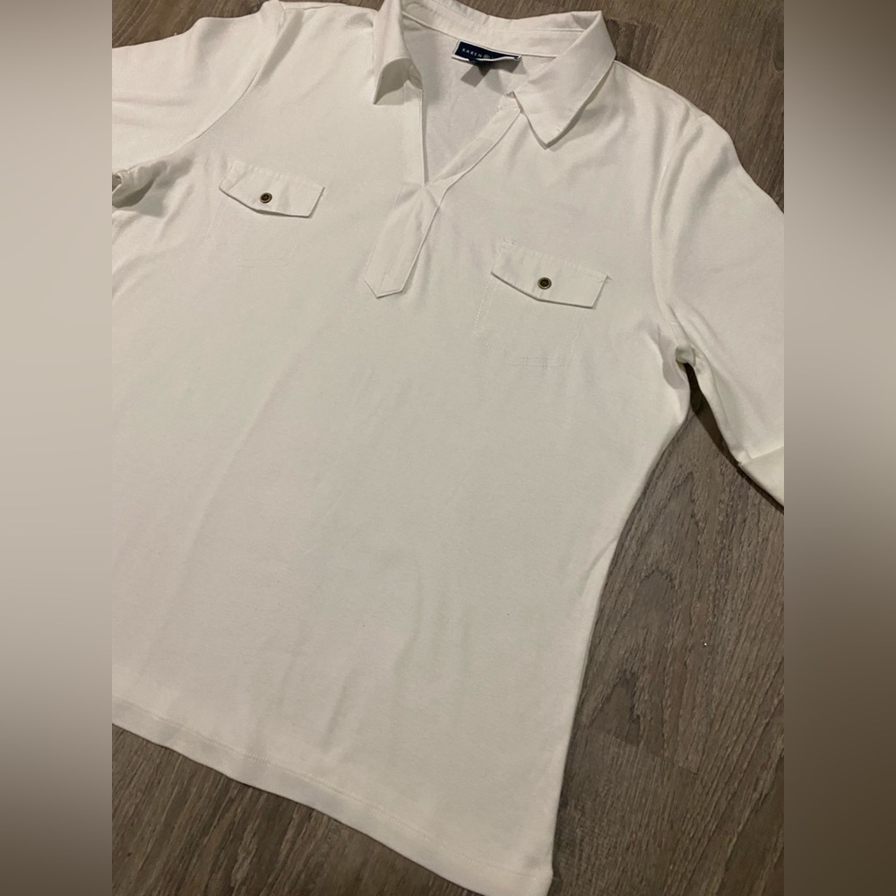 Karen Scott White Cotton Collared Blouse Top XL Office Coastal Chic Classic - Picture 3 of 5